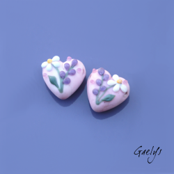 Duo de perle de verre pour BO - coeur rose fleurs - lampwork Gaelys - Verre dépoli