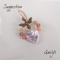 Duo de perle de verre pour BO - coeur rose fleurs - lampwork Gaelys - Verre dépoli