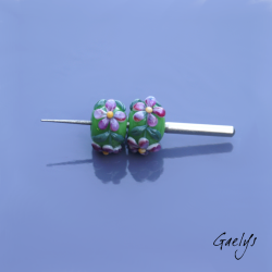 Lampwork Flower Beads - Rondelle Bead Duo - Apple Green / Foliage / Purple Daisies