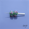 Perles Lampwork à fleurs - duo de perles rondelle  - vert pomme /feuillage / Paquerettes violettes