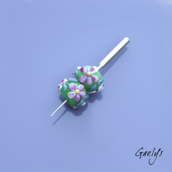 Lampwork Flower Beads - Rondelle Bead Duo - Apple Green / Foliage / Purple Daisies