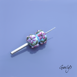 Lampwork Flower Beads - Rondelle Bead Duo - Sky Blue / Foliage / Purple Daisies