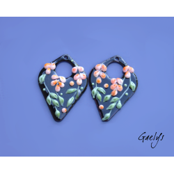 Paire de charm cuivre émaillé pour boucles d'oreille - fond noir / rose pêche / feuillage