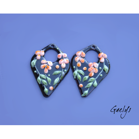 Paire de charm cuivre émaillé pour boucles d'oreille - fond noir / rose pêche / feuillage