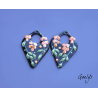 Paire de charm cuivre émaillé pour boucles d'oreille - fond noir / rose pêche / feuillage
