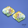 Pair of enameled copper charm earrings - yellow/green/white/purple background