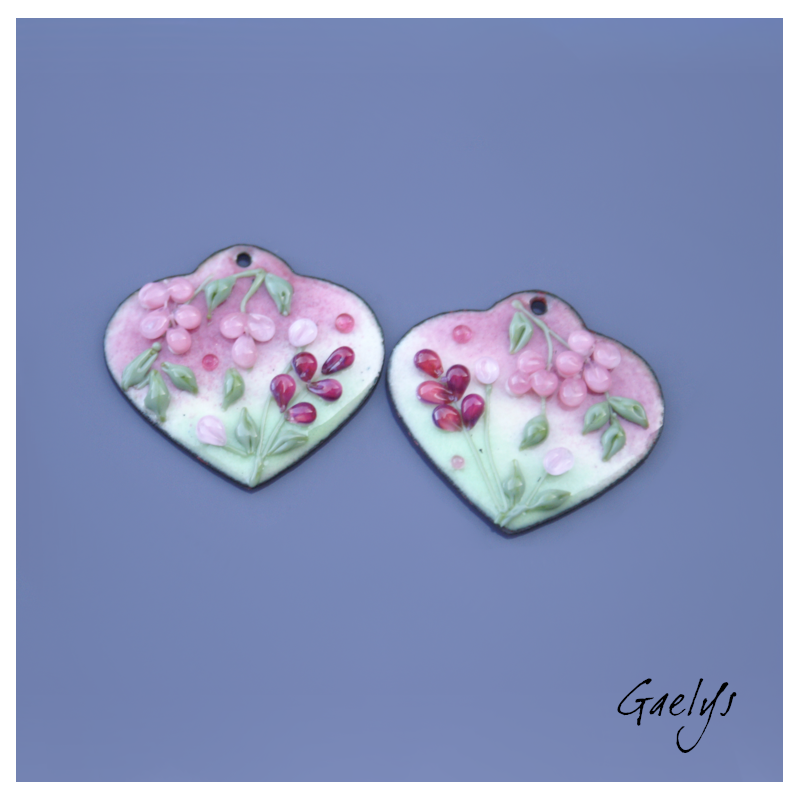 Pair of enameled copper charm earrings - pink/soft green/purple/pink background