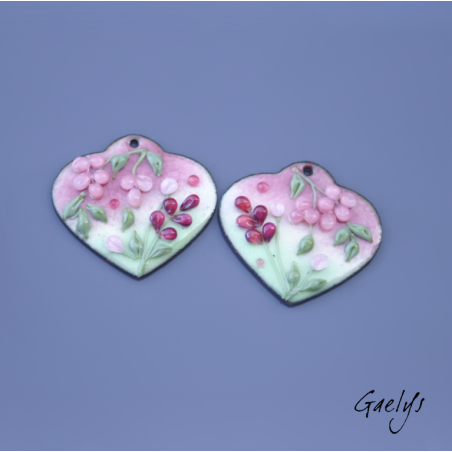 Pair of enameled copper charm earrings - pink/soft green/purple/pink background