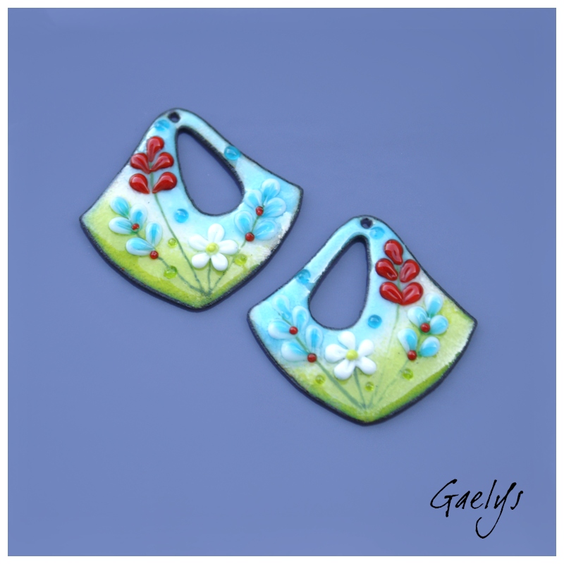 Pair of enameled copper charm earrings - green / ice blue / red / white / aqua