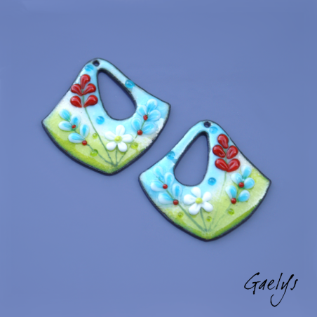 Pair of enameled copper charm earrings - green / ice blue / red / white / aqua
