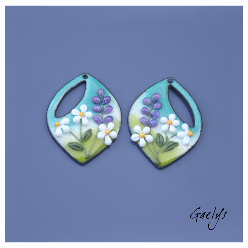 Paire de charm cuivre émaillé pour boucles d'oreille -  vert / bleu vert/ violet / blanc / jaune - paquerettes