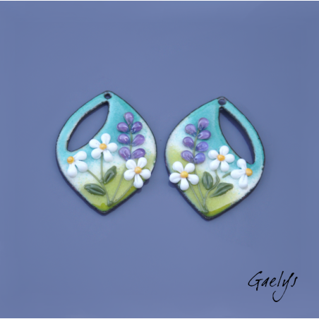Paire de charm cuivre émaillé pour boucles d'oreille -  vert / bleu vert/ violet / blanc / jaune - paquerettes