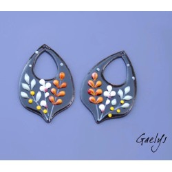 Paire de charm cuivre émaillé pour boucles d'oreille - fond noir / fleurs blanche  / oranges / feuillage olivier