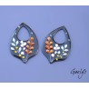 Paire de charm cuivre émaillé pour boucles d'oreille - fond noir / fleurs blanche  / oranges / feuillage olivier