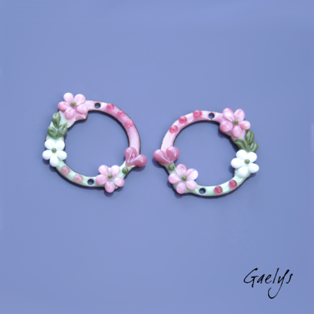 Pair of enameled copper charm earrings - pink/soft green/white/pink/olive background - Wreath
