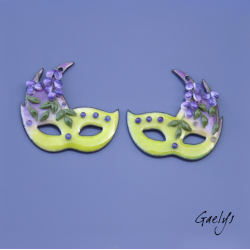 Pair of enameled copper charm earrings - green/purple/olive background - Venetian Mask - Wisteria