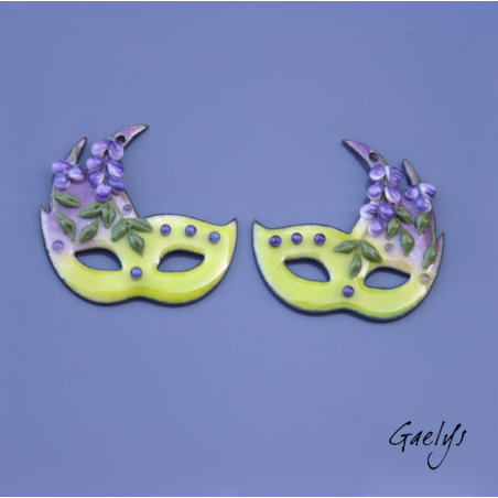 Paire de charm cuivre émaillé pour boucles d'oreille - fond vert / violet / olive - Masque Venicien - Glycine