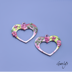 Pair of enameled copper charm earrings - purple/green/purple/olive background - Hearts - wisteria style