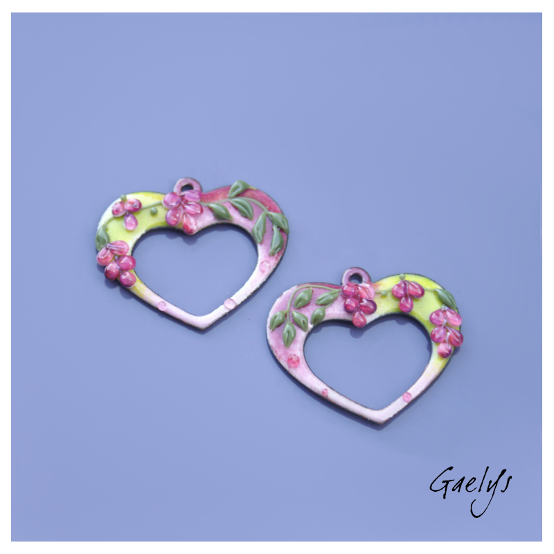 Pair of enameled copper charm earrings - purple/green/purple/olive background - Hearts - wisteria style