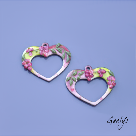 Pair of enameled copper charm earrings - purple/green/purple/olive background - Hearts - wisteria style