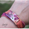 Connecteur bracelet - cuivre émaillé -   pourpe / blanc / pêche  + ruban de soie assortie