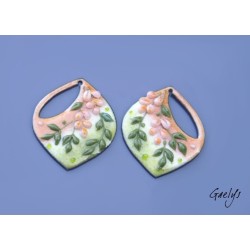 Paire de charm cuivre émaillé pour boucles d'oreille - fond pêche / fleur pêche / feuillage