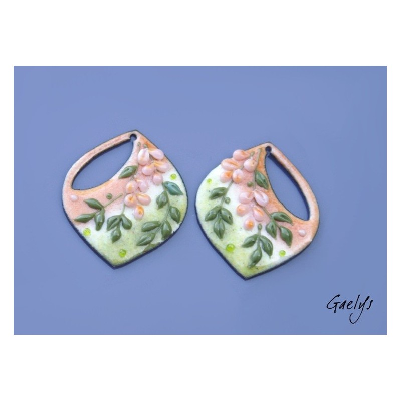 Paire de charm cuivre émaillé pour boucles d'oreille - fond pêche / fleur pêche / feuillage