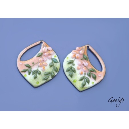 Paire de charm cuivre émaillé pour boucles d'oreille - fond pêche / fleur pêche / feuillage