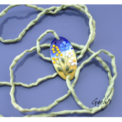 Connecteur bracelet - cuivre émaillé -   pourpe / blanc / pêche  + cordon de soie vert