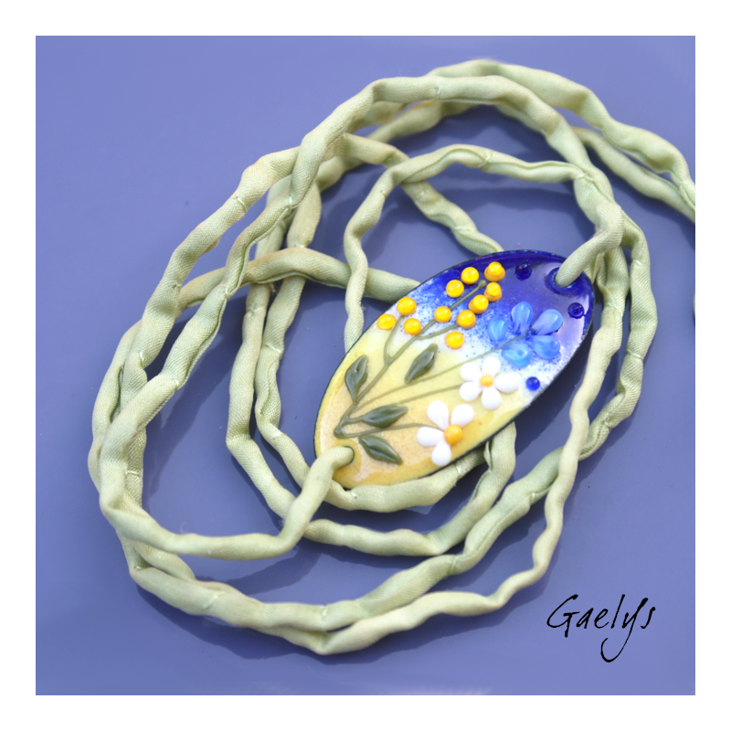 Connecteur bracelet - cuivre émaillé -   pourpe / blanc / pêche  + cordon de soie vert