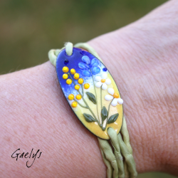 Connecteur bracelet - cuivre émaillé -   pourpe / blanc / pêche  + cordon de soie vert