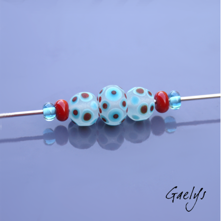 Lampwork Beads, Frosted Glass - Geometrics - Set of 3 Beads + 4 Spacers - Frosted Transparent Background - Turquoise/Red Circle