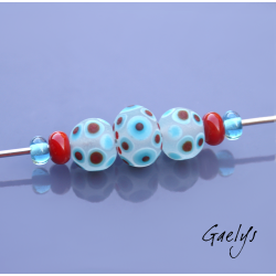 Lampwork Beads, Frosted Glass - Geometrics - Set of 3 Beads + 4 Spacers - Frosted Transparent Background - Turquoise/Red Circle