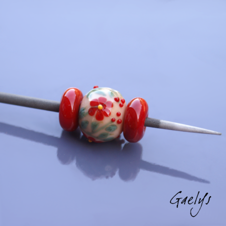 Lampwork bead for necklace - Floral focus + 2 spacer discs - Ginger background, red flower, foliage