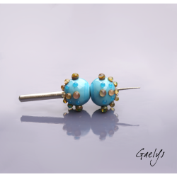 Perles Lampwork à picots oursin - duo de perles rondes avec points - turquoise / beige (multicolor) / bleu aqua