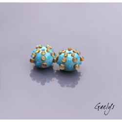 Lampwork beads with sea urchin-shaped dots - duo of round beads with dots - turquoise / beige (multicolor)