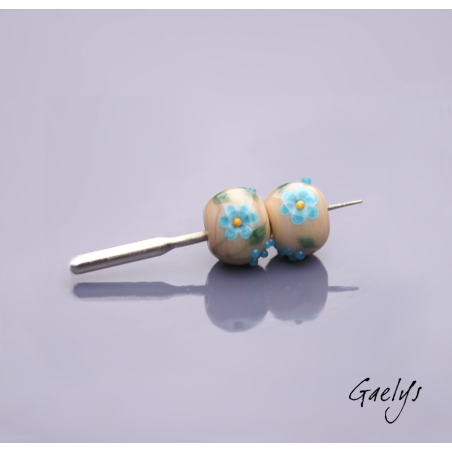Lampwork Flower Beads - Round Bead Duo - Nude / Foliage / Turquoise Blue Daisies / Yellow