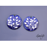 Paire de charm cuivre émaillé pour boucles d'oreille - fond cobalt / feuillage  blanc  - cercle - 25 mm