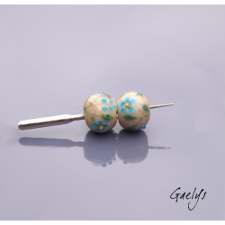 Lampwork Flower Beads - Round Bead Duo - Nude / Foliage / Turquoise Blue Daisies / Yellow