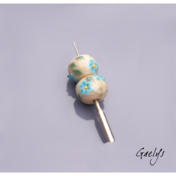 Lampwork Flower Beads - Round Bead Duo - Nude / Foliage / Turquoise Blue Daisies / Yellow
