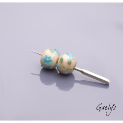 Perles Lampwork à fleurs - duo de perles ronde  -  nude  / feuillage / Paquerettes bleu turquoise / jaune
