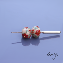 Flower Lampwork Beads - Round Bead Duo - Ginger Beige / Foliage / Red Daisies / Yellow