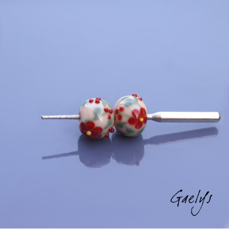Perles Lampwork à fleurs - duo de perles ronde  -  beige ginger / feuillage / Paquerettes rouge / jaune
