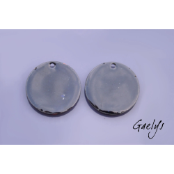 Paire de charm cuivre émaillé pour boucles d'oreille - fond cobalt / feuillage  blanc  - cercle - 25 mm