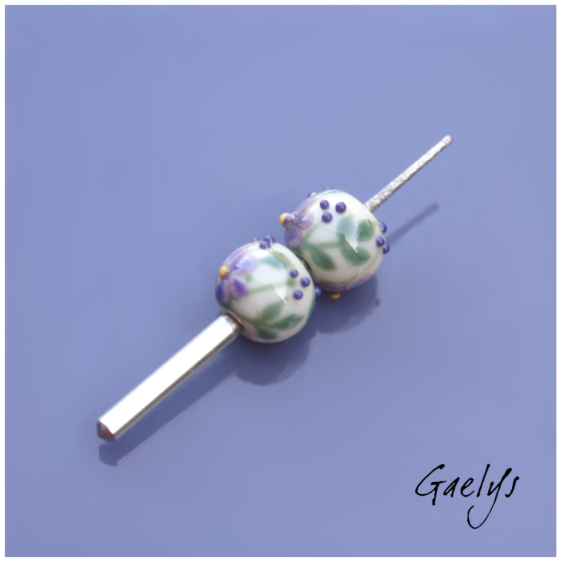 Lampwork Flower Beads - Round Bead Duo - Aqua Green / Foliage / Purple Daisies / Yellow