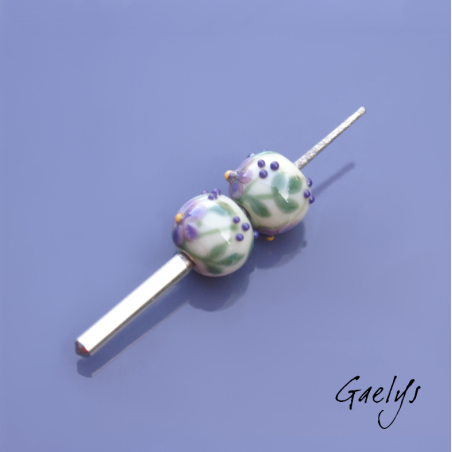 Lampwork Flower Beads - Round Bead Duo - Aqua Green / Foliage / Purple Daisies / Yellow