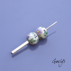 Lampwork Flower Beads - Round Bead Duo - Aqua Green / Foliage / Purple Daisies / Yellow