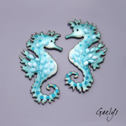 Pair of enameled copper charm earrings - turquoise blue / teal blue / milky blue - Seahorse