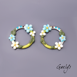 Paire de charm cuivre émaillé pour boucles d'oreille - fond bleu / vert / blanc / bleu milky / olive - Couronne