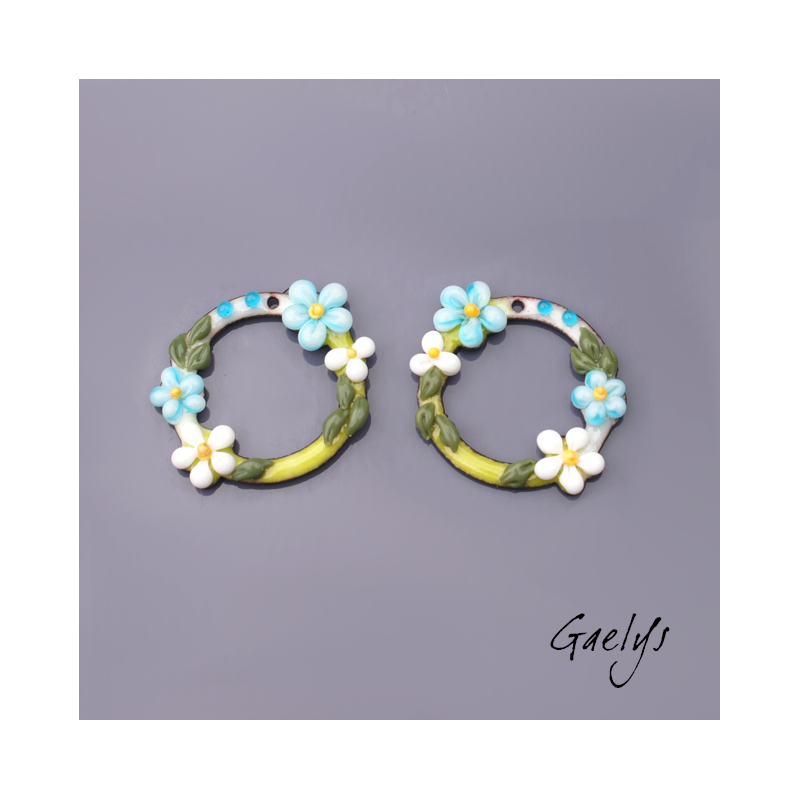 Paire de charm cuivre émaillé pour boucles d'oreille - fond bleu / vert / blanc / bleu milky / olive - Couronne